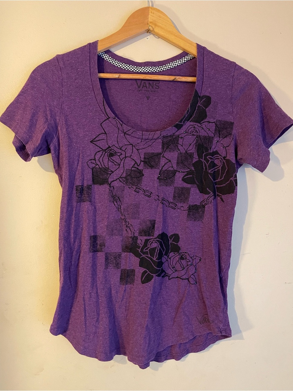 Vans Off The Wall Y2K Purple Checkerboard Rose Rhinestone Graphic Tee (Est. M)